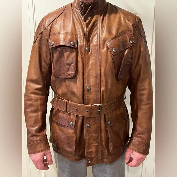 Belstaff Leather Panther Trialmaster Jacket Size Cognac Brown EU 56 US 46